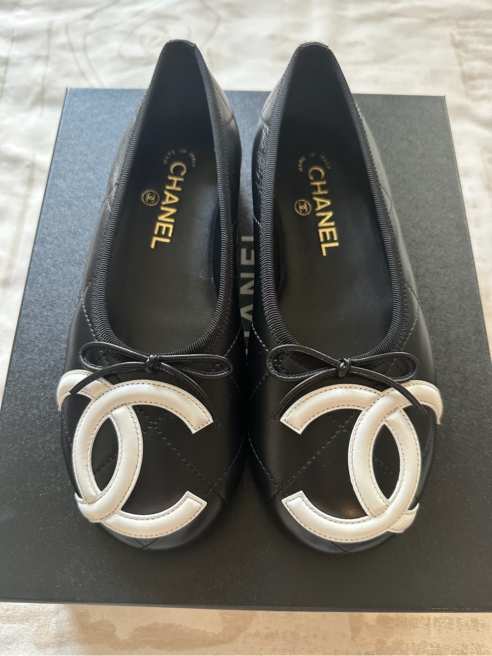 CHANEL 26M Coco Beach Cambon Black Ballet Flats with White CC Logo Size 37